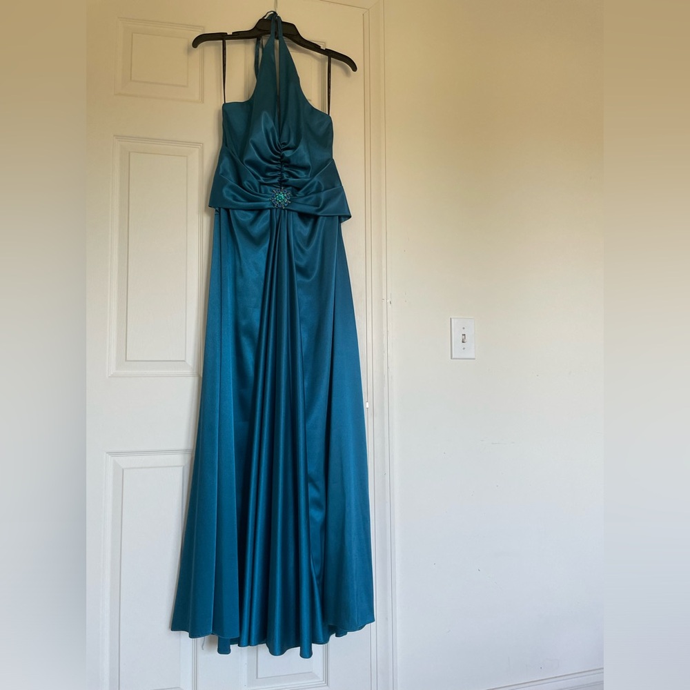 Blue satin evening gown
